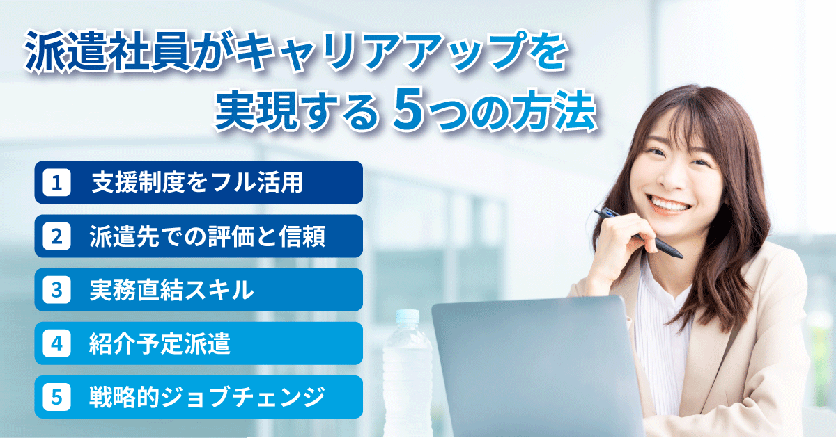 派遣社員がキャリアアップを実現するための5つの方法を見出し形式でまとめた画像