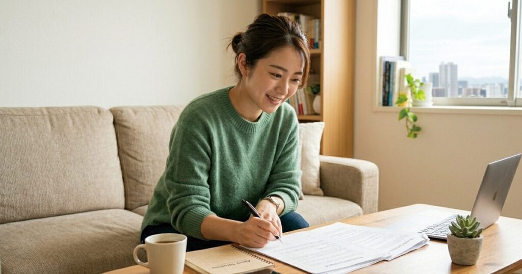 履歴書や職務経歴書など応募書類の内容を見直す女性のイメージ