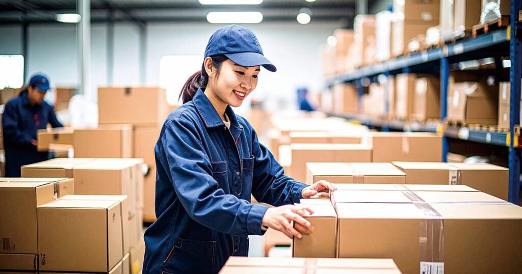 倉庫で梱包などの軽作業をする女性スタッフのイメージ