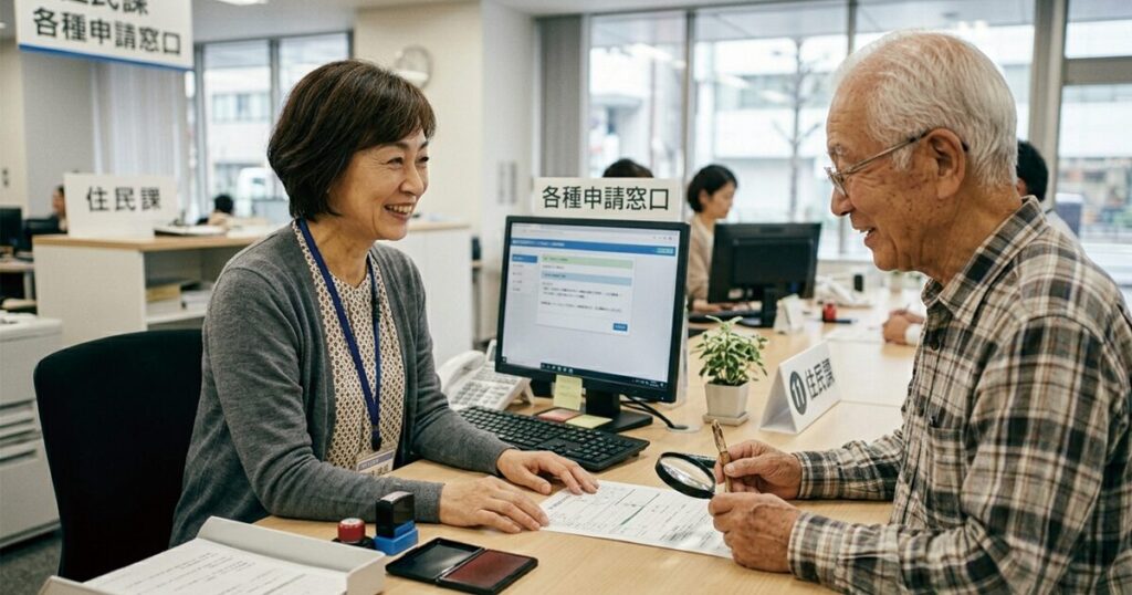 官公庁の窓口業務で住民対応をしている50代女性派遣社員のイメージ