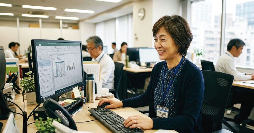 オフィスでパソコンを使いながら仕事をする派遣の50代女性のイメージ