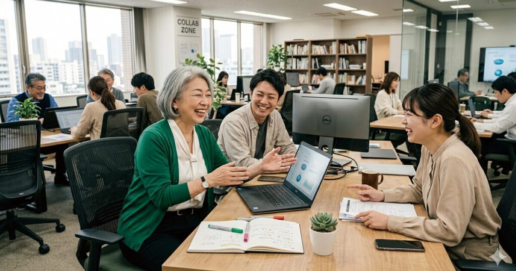 60歳以降のシニア世代の派遣社員を含む幅広い年代が活躍している職場のイメージ