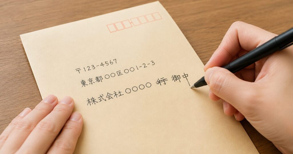 封筒の宛名で「行」を消して「御中」を記載している手元のイメージ