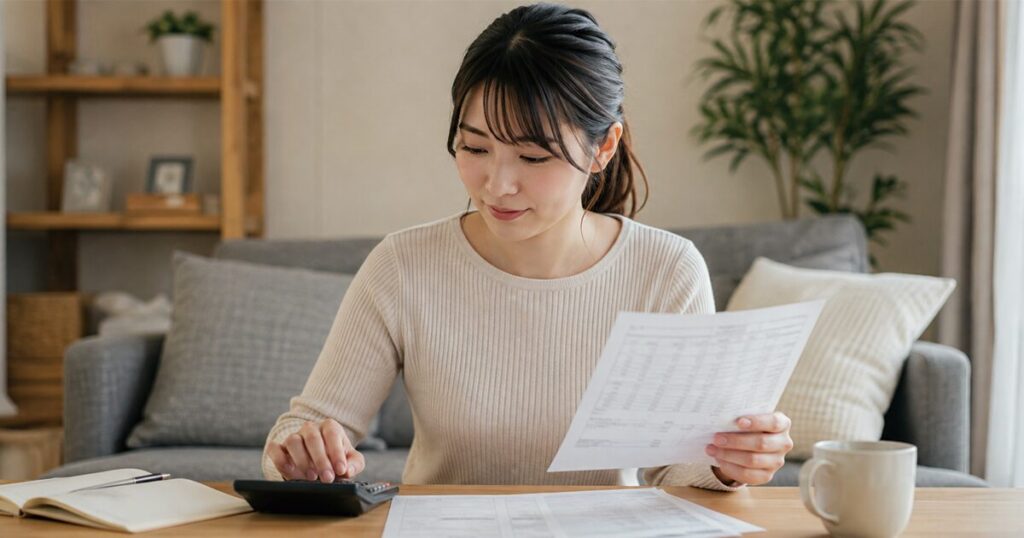 自分の年収を確認しながら、住民税がいくらになるか計算している派遣社員の女性