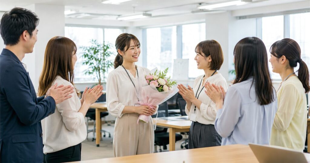 派遣の仕事を円満退職することになり、最終出勤日に同僚へ挨拶をしている女性