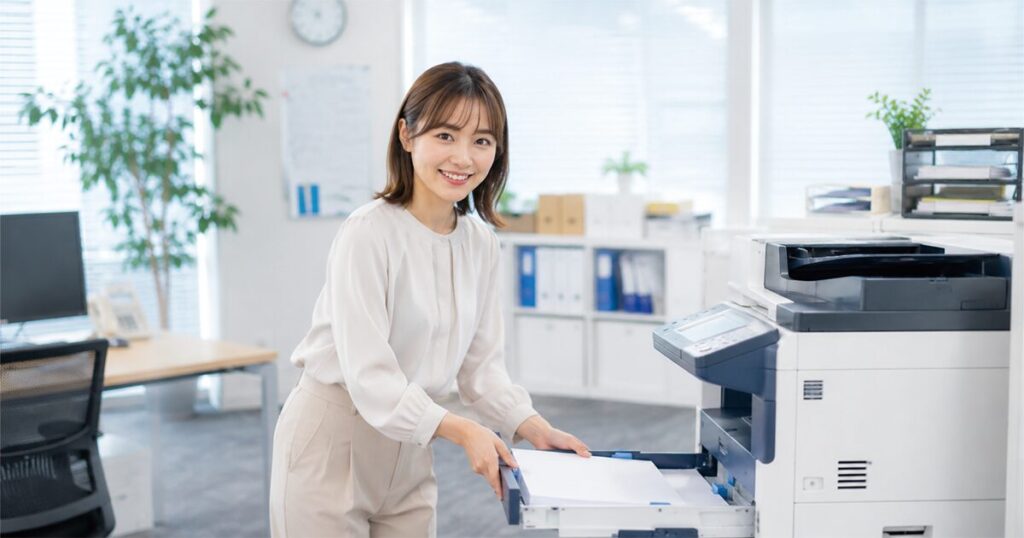 総務の具体的な仕事内容をイメージする、オフィスでコピー機の用紙を補充している女性のイメージ