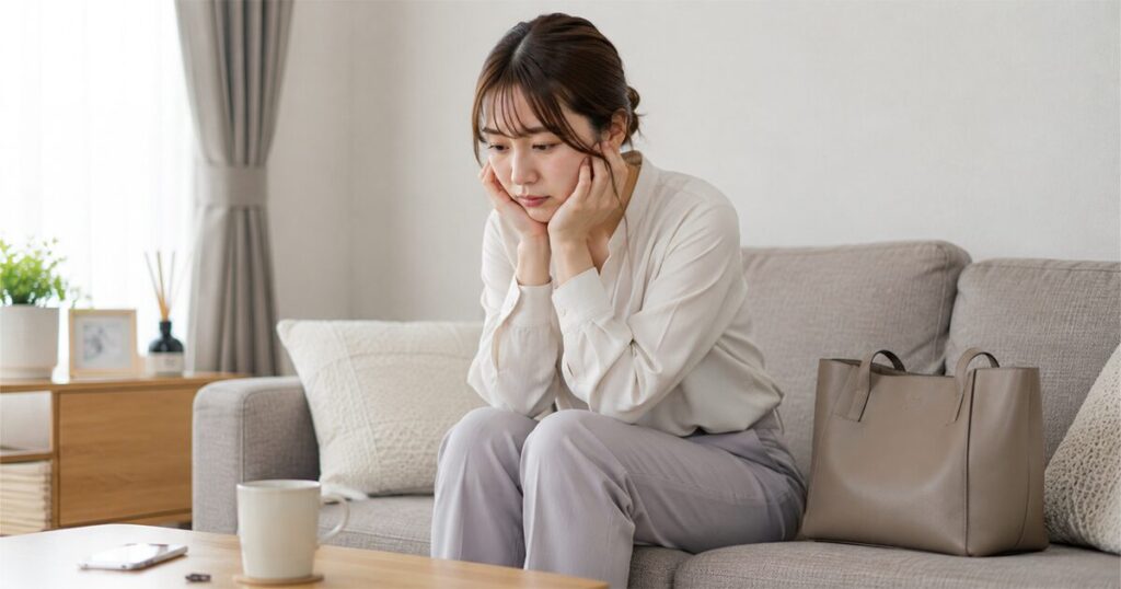 職場の人間関係によるストレスで疲れ、出勤前に自宅で憂うつな様子の女性