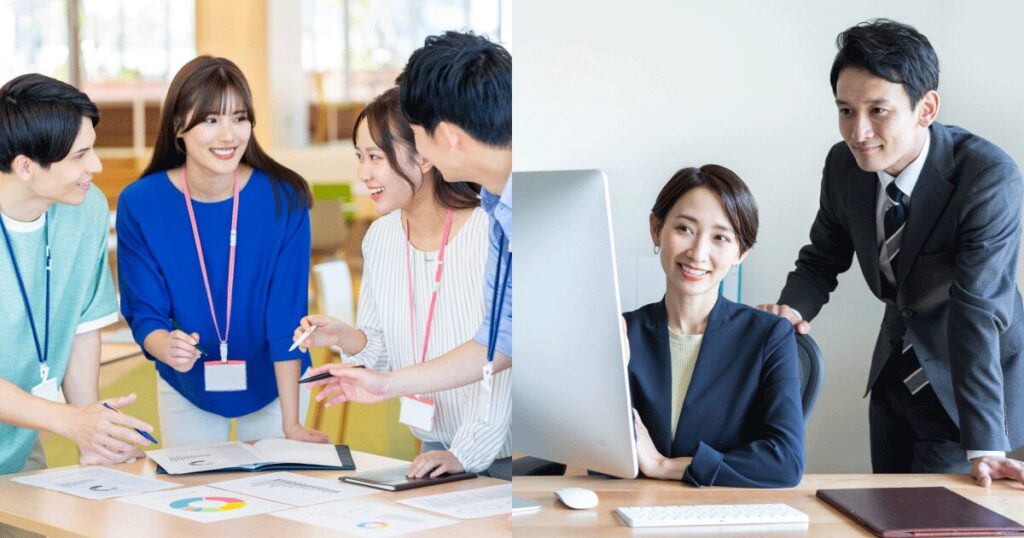 未経験から新しい仕事に挑戦している男女複数名のイメージ。1つは若手のグループ、もう1つは社会人経験を積んだベテランのグループの2つのシーン。