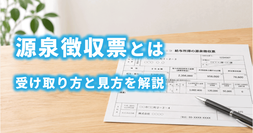 源泉徴収票の書類とペンがテーブルの上に置かれているイメージ