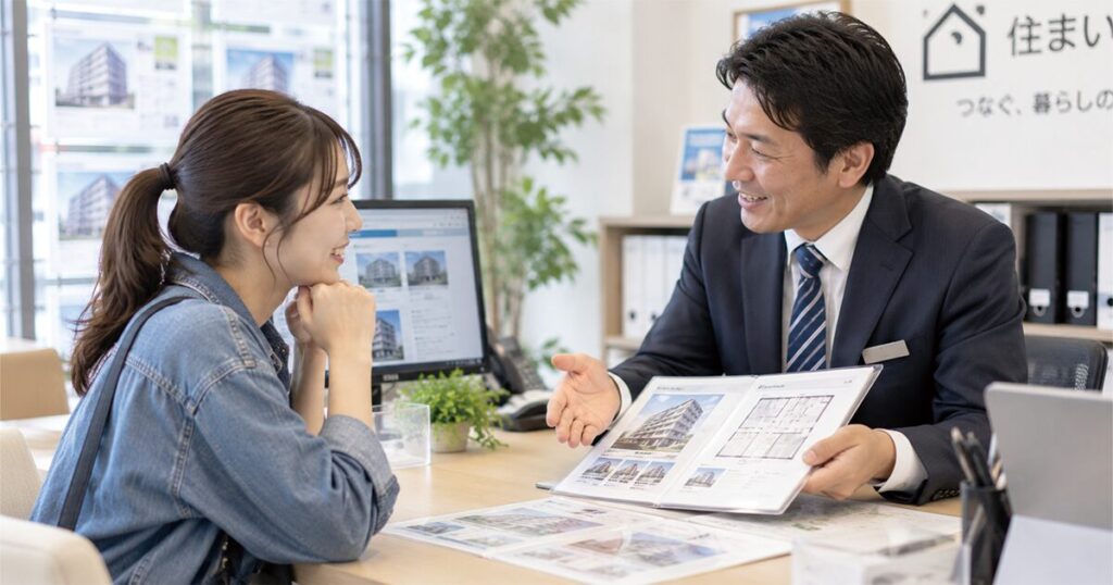 一人暮らしの賃貸物件について不動産会社の担当者に相談するフリーターの女性