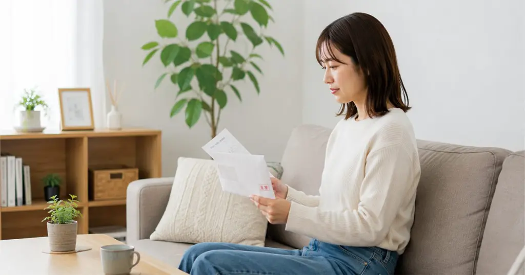 自宅に届いた源泉徴収票を確認している女性のイメージ