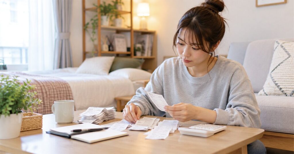 一人暮らしの生活費を計算しているフリーターの女性