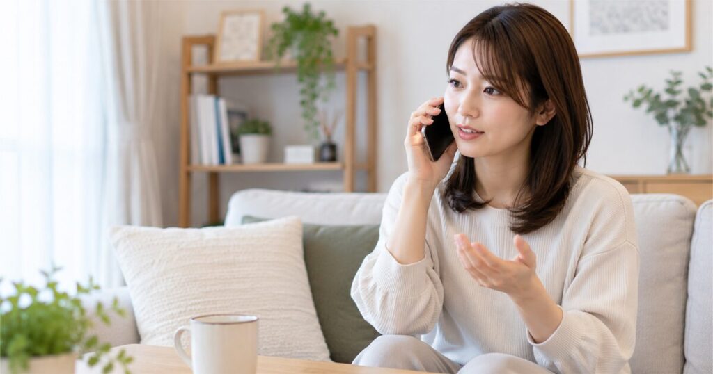 仕事が決まったためエントリーをしていた他の派遣会社へ辞退の電話連絡をしている女性