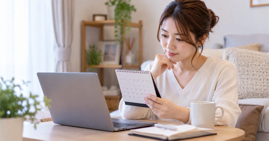 複数の派遣会社へ登録し、カレンダーでスケジュール管理をしている女性