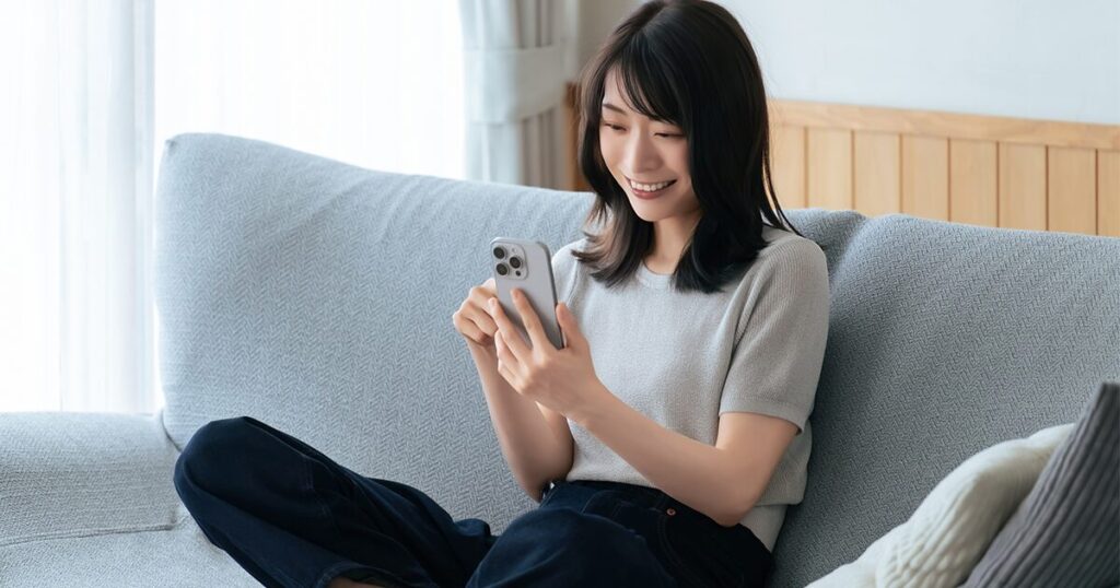 派遣会社に複数登録し、自宅のソファでスマホを使って求人検索をしている女性